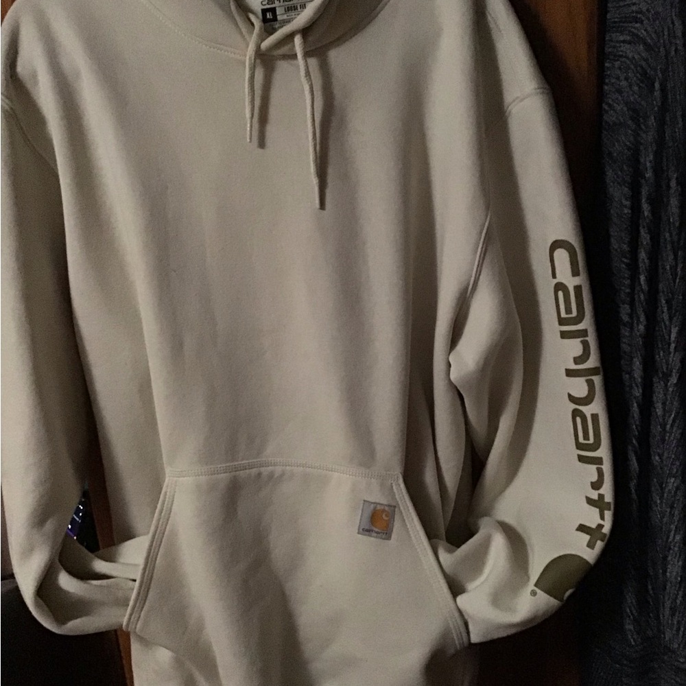 Carhartt Men’s Cream Pullover Hoodie with Sleeve Logo